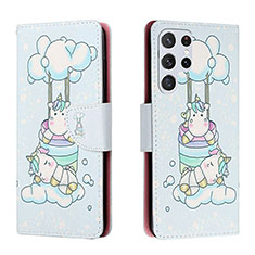 Coque Portefeuille Motif Fantaisie Livre Cuir Etui Clapet H02X pour Samsung Galaxy S24 Ultra 5G Bleu Clair