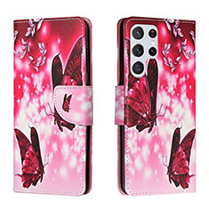 Coque Portefeuille Motif Fantaisie Livre Cuir Etui Clapet H02X pour Samsung Galaxy S24 Ultra 5G Rose Rouge