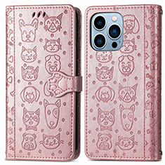 Coque Portefeuille Motif Fantaisie Livre Cuir Etui Clapet H12 pour Apple iPhone 15 Pro Or Rose