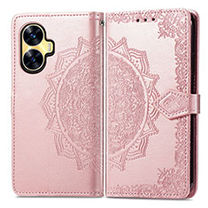 Coque Portefeuille Motif Fantaisie Livre Cuir Etui Clapet pour Realme C55 Or Rose