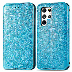 Coque Portefeuille Motif Fantaisie Livre Cuir Etui Clapet pour Samsung Galaxy S22 Ultra 5G Bleu