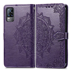 Coque Portefeuille Motif Fantaisie Livre Cuir Etui Clapet pour Vivo V21e 4G Violet