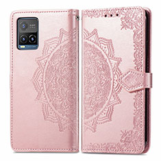 Coque Portefeuille Motif Fantaisie Livre Cuir Etui Clapet pour Vivo Y21 Or Rose