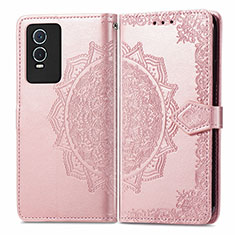 Coque Portefeuille Motif Fantaisie Livre Cuir Etui Clapet pour Vivo Y74s 5G Or Rose