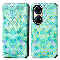 Coque Portefeuille Motif Fantaisie Livre Cuir Etui Clapet S02D pour Huawei P50 Vert