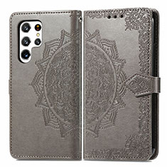 Coque Portefeuille Motif Fantaisie Livre Cuir Etui Clapet S02D pour Samsung Galaxy S22 Ultra 5G Gris