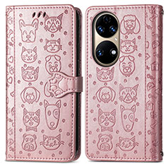 Coque Portefeuille Motif Fantaisie Livre Cuir Etui Clapet S03D pour Huawei P50e Or Rose