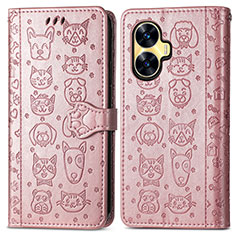 Coque Portefeuille Motif Fantaisie Livre Cuir Etui Clapet S03D pour Realme C55 Or Rose