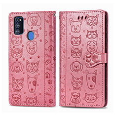 Coque Portefeuille Motif Fantaisie Livre Cuir Etui Clapet S03D pour Samsung Galaxy M21 Or Rose