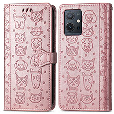 Coque Portefeuille Motif Fantaisie Livre Cuir Etui Clapet S03D pour Vivo T1 5G India Or Rose