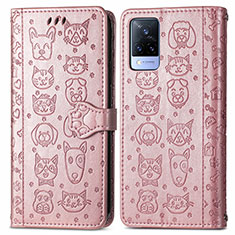 Coque Portefeuille Motif Fantaisie Livre Cuir Etui Clapet S03D pour Vivo V21 5G Or Rose