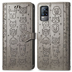 Coque Portefeuille Motif Fantaisie Livre Cuir Etui Clapet S03D pour Vivo V21e 4G Gris