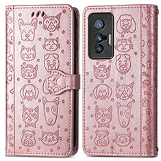 Coque Portefeuille Motif Fantaisie Livre Cuir Etui Clapet S03D pour Vivo X70 5G Or Rose