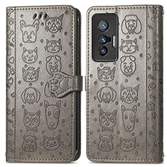 Coque Portefeuille Motif Fantaisie Livre Cuir Etui Clapet S03D pour Vivo X70t Gris