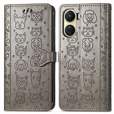 Coque Portefeuille Motif Fantaisie Livre Cuir Etui Clapet S03D pour Vivo Y02S Gris