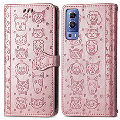 Coque Portefeuille Motif Fantaisie Livre Cuir Etui Clapet S03D pour Vivo Y52 5G Or Rose