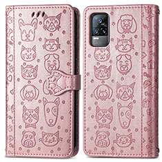 Coque Portefeuille Motif Fantaisie Livre Cuir Etui Clapet S03D pour Vivo Y73 (2021) Or Rose