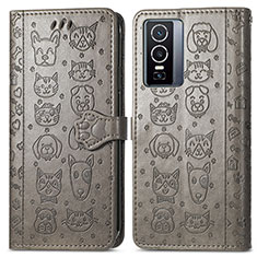 Coque Portefeuille Motif Fantaisie Livre Cuir Etui Clapet S03D pour Vivo Y76 5G Gris