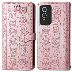 Coque Portefeuille Motif Fantaisie Livre Cuir Etui Clapet S03D pour Vivo Y76s 5G Or Rose