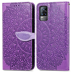 Coque Portefeuille Motif Fantaisie Livre Cuir Etui Clapet S04D pour Vivo V21e 4G Violet