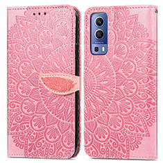 Coque Portefeuille Motif Fantaisie Livre Cuir Etui Clapet S04D pour Vivo Y52 5G Or Rose