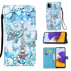 Coque Portefeuille Motif Fantaisie Livre Cuir Etui Clapet Y02B pour Samsung Galaxy A22 5G Bleu Clair