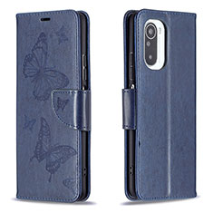 Coque Portefeuille Papillon Livre Cuir Etui Clapet B01F pour Xiaomi Poco F3 5G Bleu