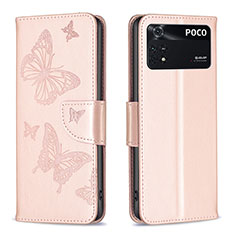 Coque Portefeuille Papillon Livre Cuir Etui Clapet B01F pour Xiaomi Poco M4 Pro 4G Or Rose