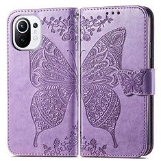 Coque Portefeuille Papillon Livre Cuir Etui Clapet L02 pour Xiaomi Mi 11 Lite 4G Violet Clair