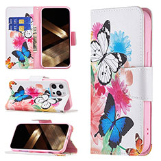 Coque Portefeuille Papillon Livre Cuir Etui Clapet L03 pour Apple iPhone 14 Pro Rose