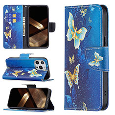 Coque Portefeuille Papillon Livre Cuir Etui Clapet L07 pour Apple iPhone 14 Pro Max Bleu