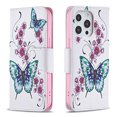 Coque Portefeuille Papillon Livre Cuir Etui Clapet L07 pour Apple iPhone 14 Pro Max Rose