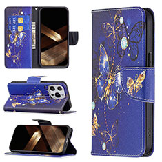 Coque Portefeuille Papillon Livre Cuir Etui Clapet L07 pour Apple iPhone 15 Pro Bleu Royal