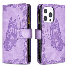 Coque Portefeuille Papillon Livre Cuir Etui Clapet L08 pour Apple iPhone 15 Pro Max Violet