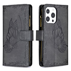 Coque Portefeuille Papillon Livre Cuir Etui Clapet L08 pour Apple iPhone 15 Pro Noir