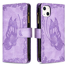 Coque Portefeuille Papillon Livre Cuir Etui Clapet L08 pour Apple iPhone 15 Violet