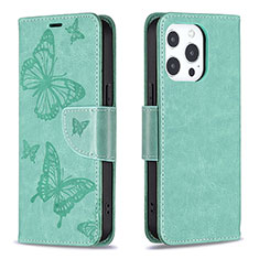 Coque Portefeuille Papillon Livre Cuir Etui Clapet L09 pour Apple iPhone 15 Pro Vert