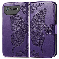 Coque Portefeuille Papillon Livre Cuir Etui Clapet pour Asus ROG Phone 7 Violet