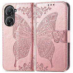 Coque Portefeuille Papillon Livre Cuir Etui Clapet pour Asus Zenfone 9 Or Rose