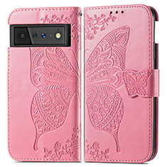 Coque Portefeuille Papillon Livre Cuir Etui Clapet pour Google Pixel 6 5G Rose Rouge