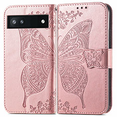 Coque Portefeuille Papillon Livre Cuir Etui Clapet pour Google Pixel 6a 5G Or Rose