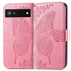 Coque Portefeuille Papillon Livre Cuir Etui Clapet pour Google Pixel 6a 5G Rose Rouge