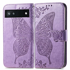 Coque Portefeuille Papillon Livre Cuir Etui Clapet pour Google Pixel 6a 5G Violet Clair