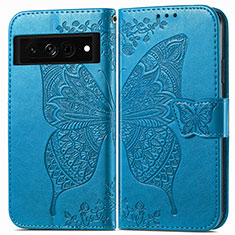 Coque Portefeuille Papillon Livre Cuir Etui Clapet pour Google Pixel 7 Pro 5G Bleu