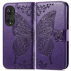 Coque Portefeuille Papillon Livre Cuir Etui Clapet pour Huawei Honor 50 5G Violet