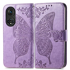 Coque Portefeuille Papillon Livre Cuir Etui Clapet pour Huawei Honor 50 5G Violet Clair