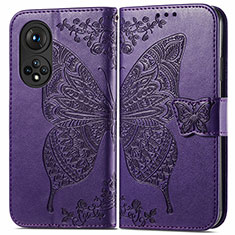 Coque Portefeuille Papillon Livre Cuir Etui Clapet pour Huawei Honor 50 Pro 5G Violet