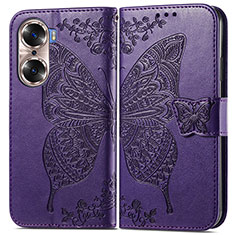 Coque Portefeuille Papillon Livre Cuir Etui Clapet pour Huawei Honor 60 5G Violet