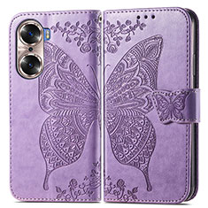 Coque Portefeuille Papillon Livre Cuir Etui Clapet pour Huawei Honor 60 5G Violet Clair