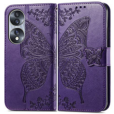 Coque Portefeuille Papillon Livre Cuir Etui Clapet pour Huawei Honor 70 5G Violet